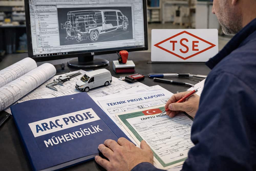 Araç proje çizimi ve teknik onay süreç görseli